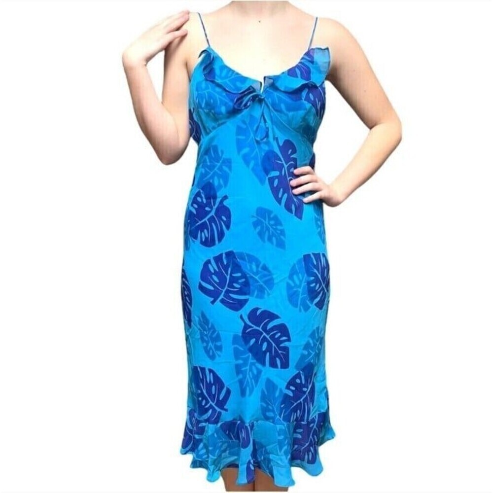 Express Vintage Floral Blue Tropical Spaghetti Strap Ruffle Dress Size 13/14